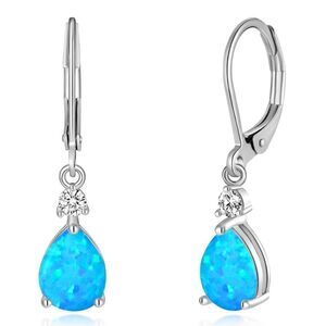 14K White Gold with Genuine Blue Fire Opal and CZ Teardrop Leverback Earrings